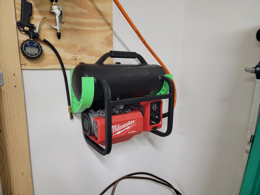Wall mount for a M18 FUEL Cordless 2 Gal. Electric Compact Quiet Compressor, allows for easy removal